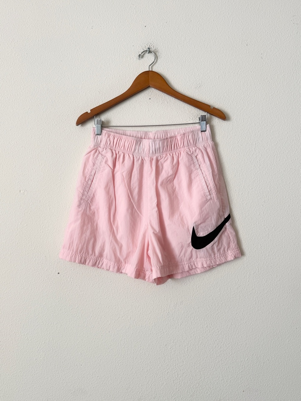 Nike MEDIUM high rise clash black swoosh light pink pocketed shorts